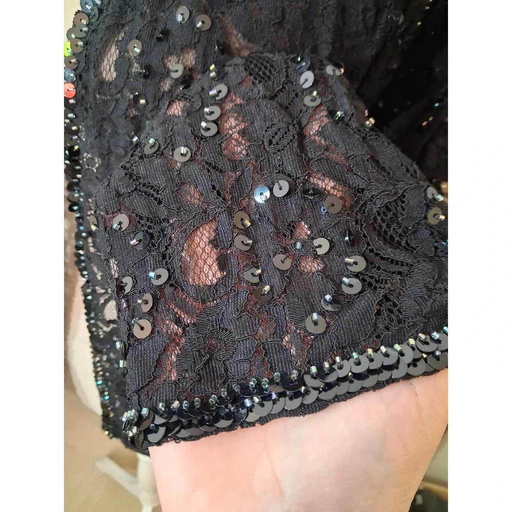 Vintage Black Floral Lace Sequin Open Front Shrug Cardigan Jacket Womens 18